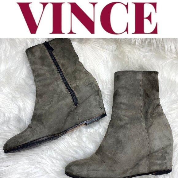 VINCE Michela Moss Green Suede Leather Covered Wedge Bootie, 7M/37.5 - Picture 3 of 16